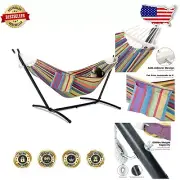 Vivid Red Double Hammock and Portable Steel Stand for Indoor/Outdoor Relaxation