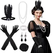 FEPITO Accessories Set Flapper Headband Necklace Earrings Long Black Gloves Cigarette Holder Fishnet Tights Great Gatsby Accessories for Women Set C