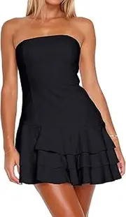 [Eutten] Womens Strapless Tube Top Mini Dress Ruffle Tiered Flowy Mini Sundress Sexy Off Shoulder Backless Short Dress
