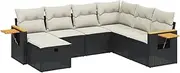 vidaXL Garden Sofa Set - Modular Rattan Outdoor Patio Furniture - Black & Cream Cushions - 7 Pieces - Weather-Resistant