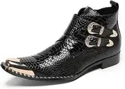 [Generic] Men Ankle Boots Handmade Genuine Leather Double Monk Straps Dress Boot Metal Pointed Toe with Side Zipper Chelsea Boots