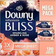 Downy Infusions Mega Dryer Sheets, Laundry Fabric Softener, BLISS, Amber and Rose, 130 Count