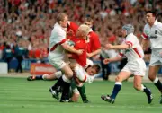 Scott Quinnell of Wales is tackled by Tim Rodber and Jonny Wilkin - Old Photo
