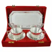 Brass Silver Plated Tea Cup Plate Set With Serving Spoon And Tray