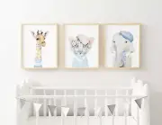 Nursery Wall Art Prints Jungle Animals Watercolour baby boy decor set of three