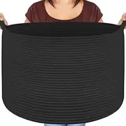 Maliton Blanket Basket Living Room, Cotton Rope Basket for Storage, Woven Extra Large Basket with Pockets, 20 x 13 Nursery Laundry Basket with Handles, Toy Storage Basket Bin for Baby and Pet, Black