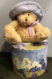 New Avon Collectible 4” Teddy Bear w/ Lavender Hat in Floral Printed Hat Box