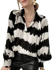 [VSERETLOON] Women's Loose Peplum Pullover Female Spring New Striped Lapel Bubble Sleeve Chiffon Shirt Female