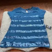 Forever 21 Blue Striped Sequin Chiffon Short Sleeve Top Size Small NWT