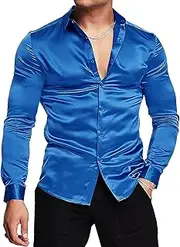 [URRU] Men's Luxury Shiny Silk Like Satin Dress Shirt Long Sleeve Casual Slim Fit Muscle Button Up Shirts