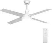 Krear 52" Ceiling Fan with Light Remote Control, Wood Ceiling Fans with 4 Blades, 6 Speed DC Motor, Indoor Outdoor Ceiling Fan for Patio, Bedroom, Living Room, Office, White