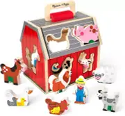 Wooden Take-Along Sorting Barn Toy with Flip-Up Roof and Handle, 10 Wooden Farm
