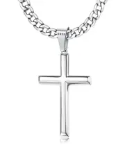 925 Sterling Silver Cross Necklace Beveled Edge for Men Women 5mm Stainless S...