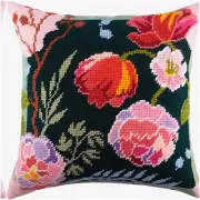 Midnight Blooms. Cross-Stitch Pillow Kit. 16x16 Inches. Vibrant Tapestry Canvas.