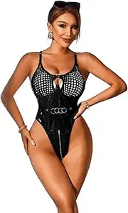 [EHSUYAB] Sexy Women Rave Outfits, High Cut Backless, Wetlook Fishnet Bodysuit