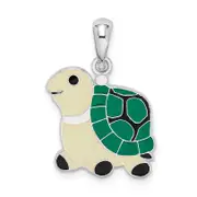 Sterling Silver De-Ani Rhodium-Plated Polished Enameled Green Turtle Pendant