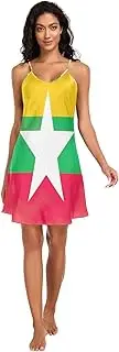 [RPLIFE] Myanmar Flag Women's Satin Slip Dress, V Neck Sleeveless Night Shirts for Women, Small