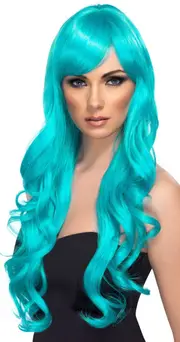 Desire Long Wavy Blue Womens Costume Wig With Side Swept Fringe