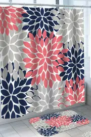 Grey Blue and Watermelon Pink Leaf Shape Design Shower Curtain