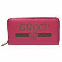 在飛比找Yahoo奇摩購物中心優惠-GUCCI 復古風格的圖案小牛皮綠紅綠織帶標誌拉鍊長夾(桃紅