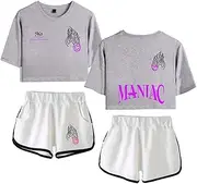 [Flyself] Kpop Stray Kids MANIAC T-Shirt Tracksuits 2 Pieces Set Women Girls Crop Tops with Shorts Pants Sport Set Pyjama Sets Bang Chan Changbin Hyunjin Felix Seungmin Jeongin Jisung Minho Woojin