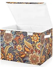 PDZRMY Batik Indonesia Traditional Large Storage Bins with Linen Foldable Storage Cubes Fabric Closet Organizer Containers box with Flip-Top Lid for Home Office Closet 16.5” x 12.6” x 11.8”