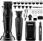 KEMEI Professional Hair Clippers for Men, Cordless Barber Clipper Beard Trimmer Foil Shaver Nose Eyebrow Ear Trimmer Set, USB Charging Complete Electric Hair Cutting Kit with 11 Guide Combs