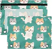 Cartoon Cute White Cat Large Zipper Pouches with Clear Window Plastic with Zipper Reinforced Grommets Pocket folders for 3 for Storing School Office Supplies Multicolored 2 PCS