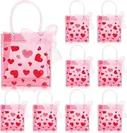 Whaline 12Pcs Valentine's Day PVC Gift Bags with Handles Red Love Heart Reusable Transparent Bags Pink Clear Treat Tote Bags with Ribbon For Wedding Anniversary Party Favors