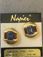 Vintage Art Deco NAPIER Ruby & Blue Sapphire Color Crystal Earrings Gold