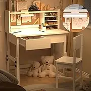 Ergonomic Height Adjustable Childrens Study Desk with 2 Drawers, Kids Study Kids Art Table with Storage,with 3-Color Lights, White Kids Desk and Chair Set for 5-18 Year Old-DD40