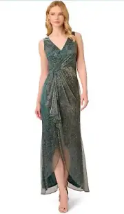Adrianna Pappell Metallic Mesh Faux Wrap Gown -Evergreen - NWT - Sz 12 MSRP $229