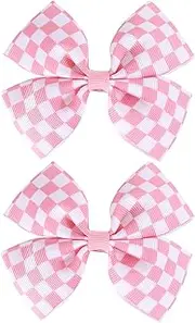 Racing Checkered Flag Hair Bow Clips 4'' Pink White Buffalo Plaid Printed Grosgrain Ribbon Pigtail Bowknot Barrettes Alligator Hairpins for Girls Women Race Fans Birthday Gift