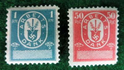 GERMANY SET OF 2 ARBEITS DANK LABOR DUES REVENUE STAMPS 1933-37 MINT UNUSED