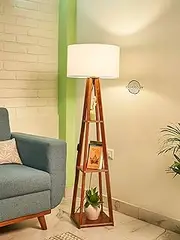 Premium Floor Lamp Natural Finish with Three Level Decorative Shelf (Cotton White)