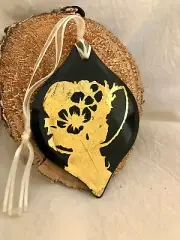 Silhouette Glass Ornament Lady with a Sun Hat Verre Eglomise 22K Gold Leaf