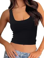 [Danysu] Women Rib Tank Top Padded Workout Top Square Neck Crop Tank Fitted Basic Cami Tops