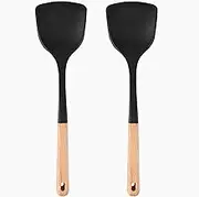 2pack/lot Multifunction Spoon, Silicone Kitchen Tools Spatula Spoons Cooking Turner Ergonomic Wooden Grip Cooking Silica Spoon (Black,Spatula)