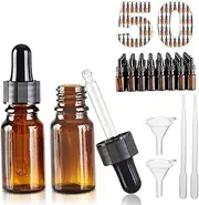creahub 50Pcs Dropper Bottles Glass Amber Glass Dropper Bottles, 15ml Leakproof Essential Oils Bottles, Empty Travel Sample Vials with Black Cap, 2 Plastic Transfer Pipettes