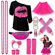 80s Costume Accessories for Women 1980s T-Shirt Tutu Fanny Pack Headband Earring Necklace Fishnet Gloves Legwarmers