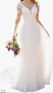 Findlovewedding Wedding Dress Chiffon Lace A Line Gown. US Size 4. Ivory. NWT