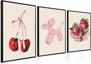 Funky Pink Fruit Posters Wall Art Set of 3, Red Disco Strawberry and Cherry Wall Decor Paintings, Cute Preppy Balloon Dog Canvas Prints for Living Room Girls Bedroom Home Decor 12x16 In Unframed