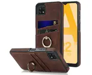 Full Protection Cover for Samsung Galaxy A22 5G (Not for 4G), 2 Cards PU Leather Case with Ring Holder - Brown
