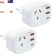 AU to EU Travel Adapter 2 Pack Type C Plug with 3 USB for Europe France Germany