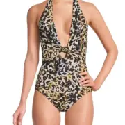 NWT $194 MIRACLESUIT AMORESSA leopard plunge one piece slimming bathing suit 12