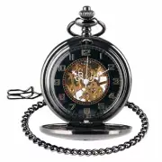 Mens Vintage Mechanical Pocket Watch Chain Black Pendant Fob Chain Watches Gift