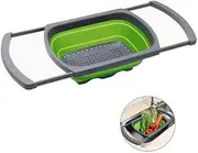 Kitchen Strainer Over The Sink,Green Foldable Drain Basket Silicone Collapsible Fruit Vegetable Wash Strainer Basket,with Extendable Handles,Perfect for Vegetables,Fruits,and Pasta