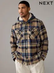 Tan Brown Check Hooded Borg Lined Shacket (B62221) | $131