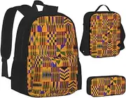 [ERCgad] African Weaving Print Canvas 3-In-1 School Bags Set Backpack Lunch Bag Pencil Case Combo For Men Women, Black, One Size