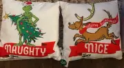 Dr Seuss Merry Grinchmas Christmas Pillow Grinch Naughty Nice 20" x 20 NWT Set 2